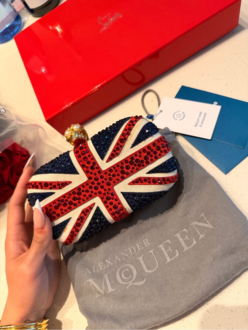 Alexander McQueen Crystal Union Jack Clutch in Navy, Red & White